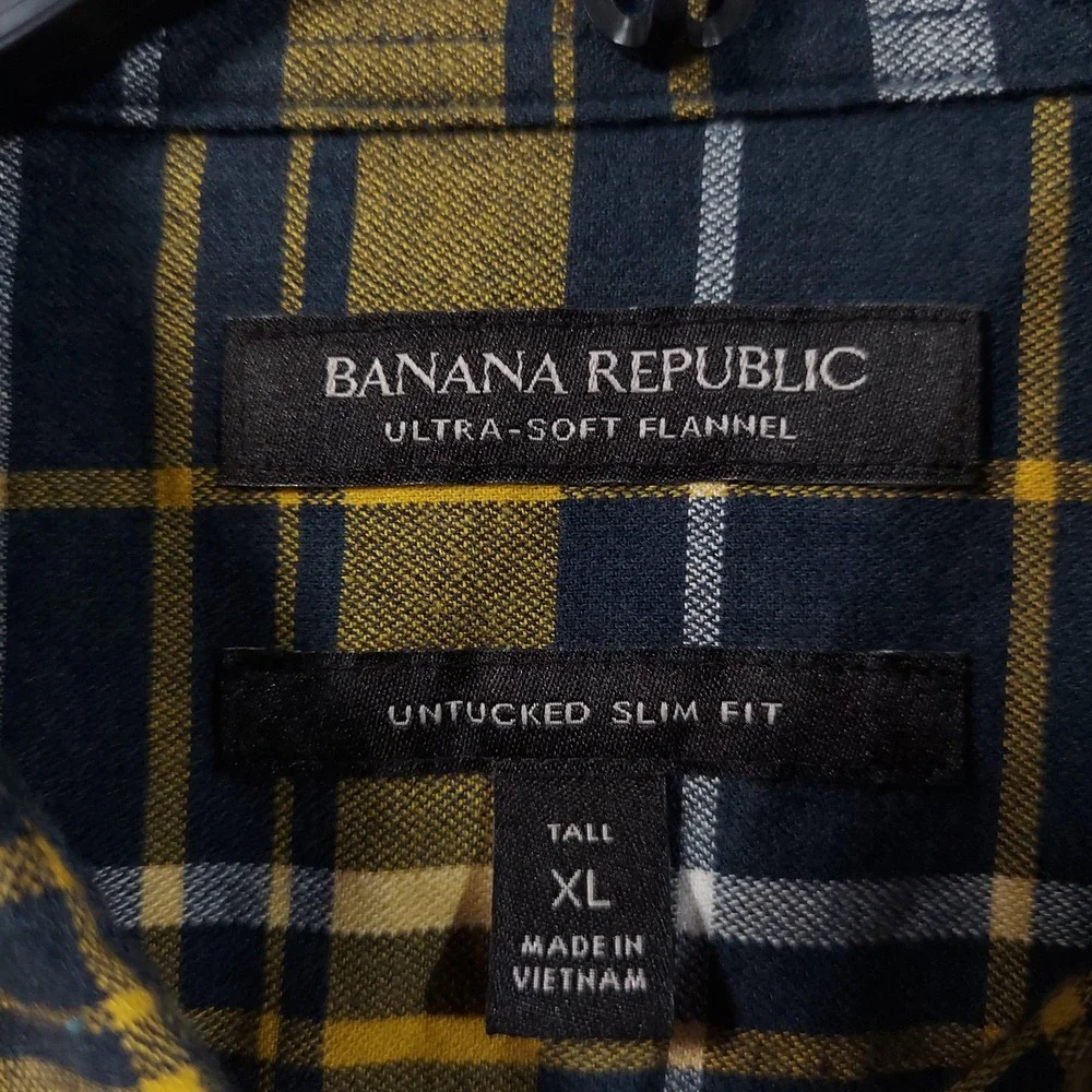 Banana Republic‎ Shirt Men XLT Tall Blue Yellow Plaid Flannel Slim Fit Untucked